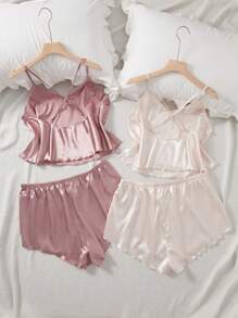 SilkySpell 大码女式夏季双色多件套吊带背心和短裤缎面睡衣套装