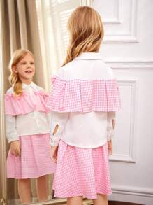 年輕女孩簡約印花長袖上衣和裙子2件套裝 - 粉色 - 查看 2