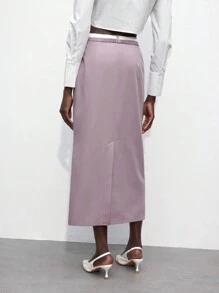 Maija 女士秋季返校装 - 撞色腰带拼接前开襟金属纽扣直筒裙