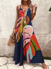 EMERY ROSE Đầm Maxi Mùa Hè In Hình Lá Cọ Cổ Chữ V Dây Đeo Spaghetti Cho Nữ Màu Khối - Màu xanh hải quân - Xem 7