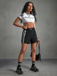 Easithlete Spodenki sportowe w paski i grafiki z literami na lato Wygodne spodenki damskie Spodenki dresowe, spodenki do ćwiczeń, spodenki motocyklowe - Czarne - Zobacz 5