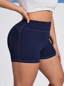 SHEIN Sports Plus Size Sports & Outdoor Yoga Shorts - Navy Blue - View 5