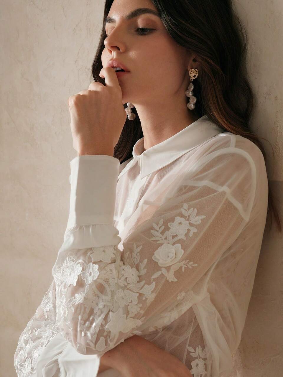 Anewsta Chic Sheer Floral Embroidered Shirt With 3D Relief