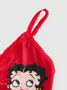 Betty Boop | ROMWE 1pc Cartoon Printed Heart Metal Ring Red Wireless Bra - Multicolor - View 4