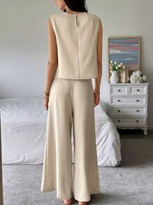 SHEIN LUNE 無袖寬鬆背心和寬腿褲兩件套裝 - 杏色 - 查看 2