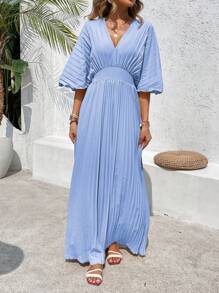 SHEIN Clasi Zomer eenvoudige effen kleur jurk met pofmouwen en geplooide taille