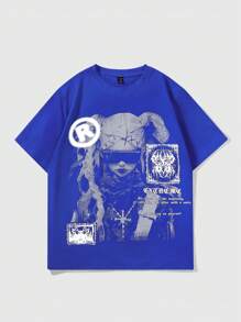 ROMWE MEN Street Life Men's Cyber Style Printed Short Sleeve T-Shirt, Suitable For Daily Wear In Spring And Summer, School - Royal Blue - View 1