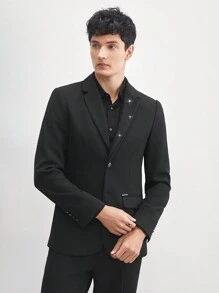 AKNOTIC Business Casual 易護理男士舊錢風格提花編織商務休閒拼接西裝外套，採用斜紋和提花織物製作，非常適合秋冬季節 - 黑色 - 查看 9