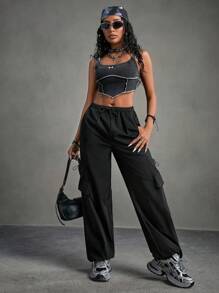 SHEIN Sports Women's Solid Color Sports Outdoor Street-Style Jogger Pants With Drawstring Waist And Cuffs - Black - View 9