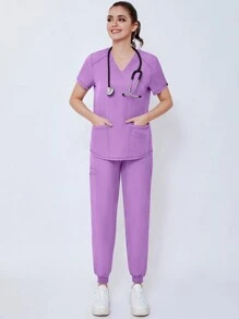Women's Matte Jogging Compression Sportswear, Nurse/ Uniform, Scrub Top And Pants Set With Pockets, Breathable - Mauve Purple - View 4