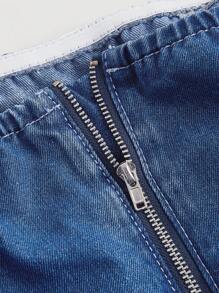 SHEIN MOD 加大尺碼牛仔連身褲，甜美褶邊設計，單肩設計，藍色 - 中等水洗藍 - 查看 3