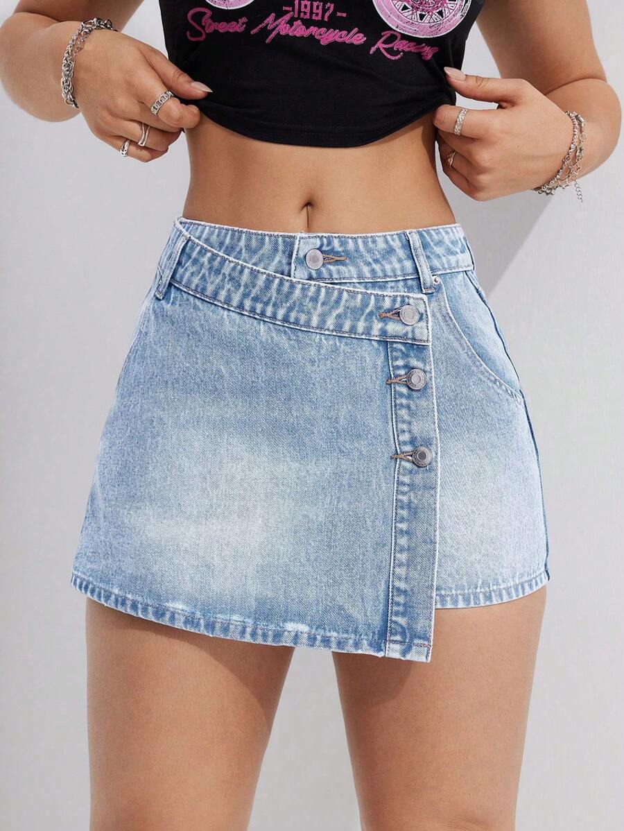 SHEIN EZwear Button Front Wrap Denim Mini Skirt - Light Wash - View 1