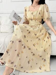 Modelyn Women's Summer Puff Sleeve High Waist Sweetheart Neck Elegant Floral Dress - Apricot - View 2