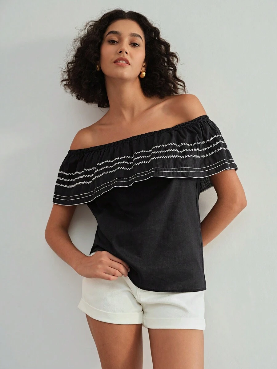MOTF STUDIO EMBROIDERY RUFFLE TRIM OFF SHOULDER BLOUSE