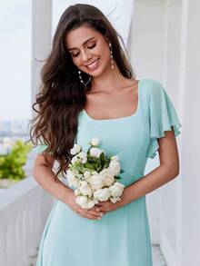 EVERPRETTY 優雅露肩禮服連荷葉邊袖、U型領口、露背、緞帶綁帶，高開叉伴娘禮服 - 淺藍色 - 查看 4