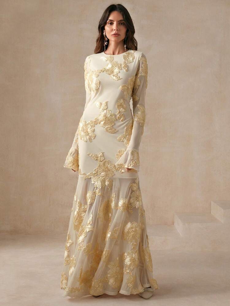 White Elegant Floral Embroidered Backless Fishtail Dress For Women Maxi Women Outfit