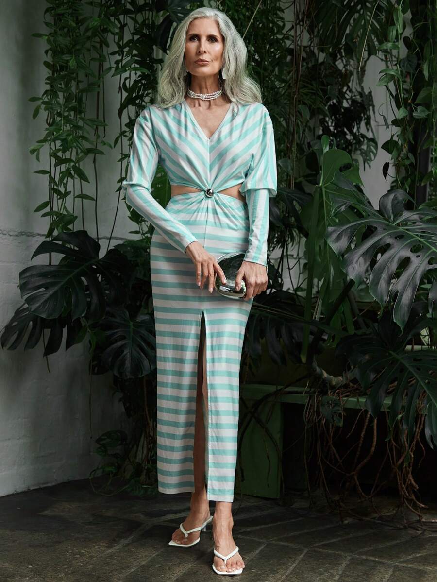 SHEIN LUNE 薄荷绿条纹印花 V 领灯笼袖腰部镂空搭配银色金属纽扣褶饰女式超长派对晚会鸡尾酒礼服 - 薄荷綠 - 查看 1