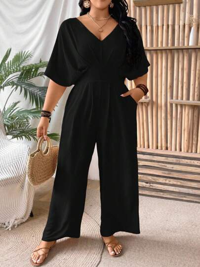 Breezaya Plus Size Backless Short Sleeve Jumpsuit For Commuting