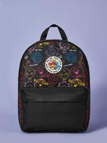 Mr Men Little Miss X SHEIN Black Cartoon And Letter Printed Fashionable Casual Backpack