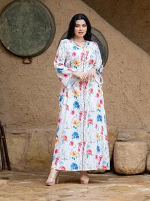 Women's Floral Print V-Neck Flare Sleeve Waist Cinched Elegant Arabian Style Dress - White - View 7