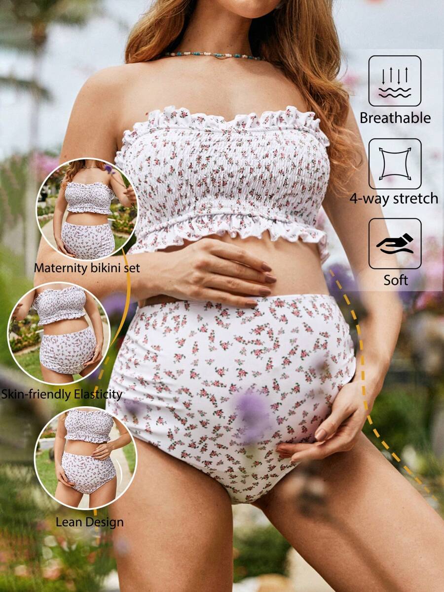 SHEIN Conjunto de bikini con Top tipo bandeau y Bottom impresos al azar, traje de baño de maternidad para verano - Multicolor - Ver 1