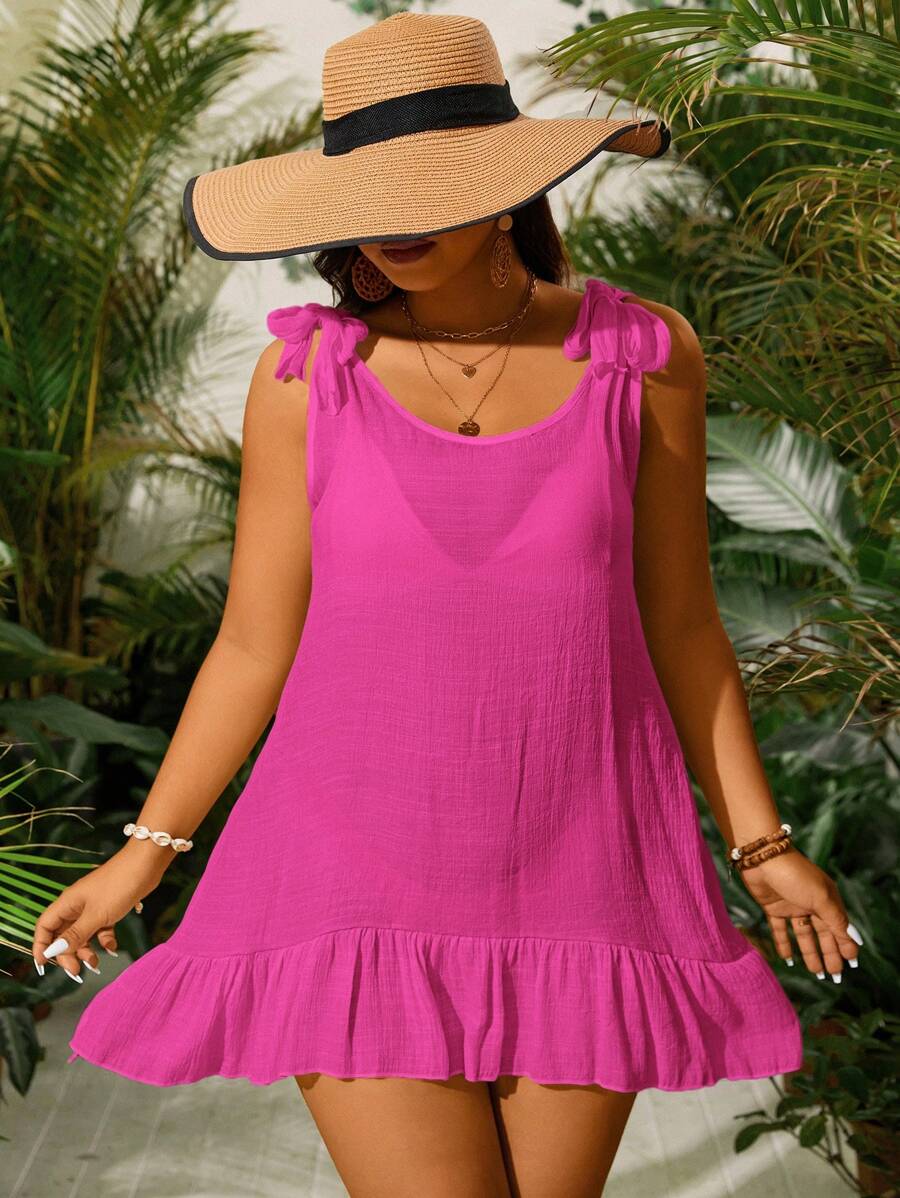 Slaydiva 大码系肩荷叶边下摆罩衫连衣裙（不含比基尼）夏季