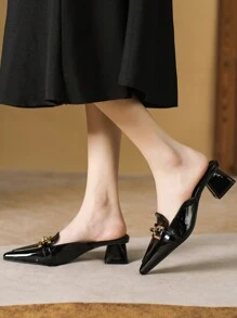 Fall/Winter Elegant Black Mule Pumps For Women, Crocodile Embossed Metal Decor Point Toe Chunky Heeled Pumps, Elegant