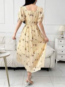 Modelyn Women's Summer Puff Sleeve High Waist Sweetheart Neck Elegant Floral Dress - Apricot - View 3