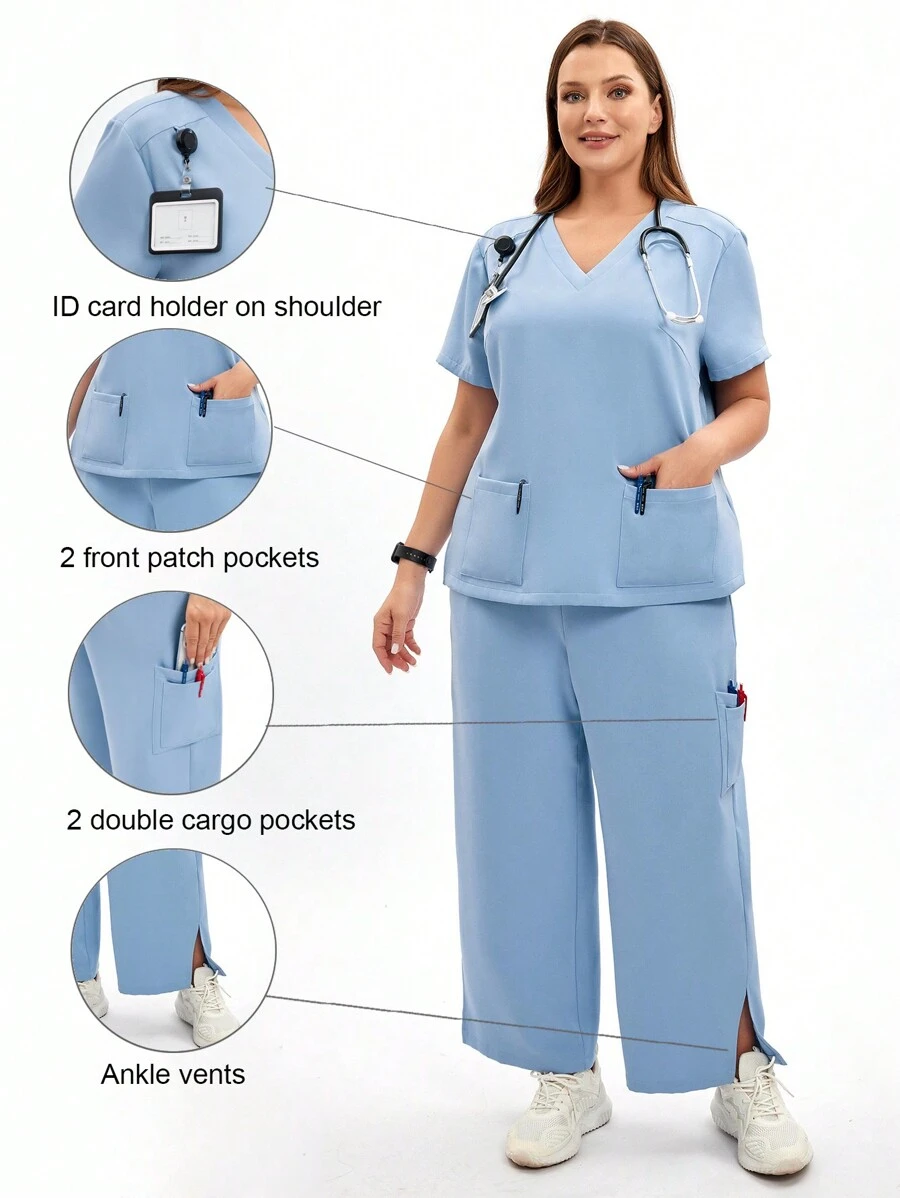 TaskEZ Damen Pflegeruniform Set in Große Größen mit V-Ausschnitt Stretch Top und Cargohose, Sommer 2-teiliges Pfleger Uniform Set mit Kurzarm Split Anzug, Pflegeruniform Zwei-Teiler - Blau - Übersicht 1