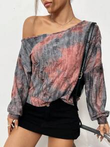 SHEIN Unity Sudadera con cuello asimétrico y hombros caídos con efecto tie-dye, sudadera de otoño - Multicolor - Ver 1