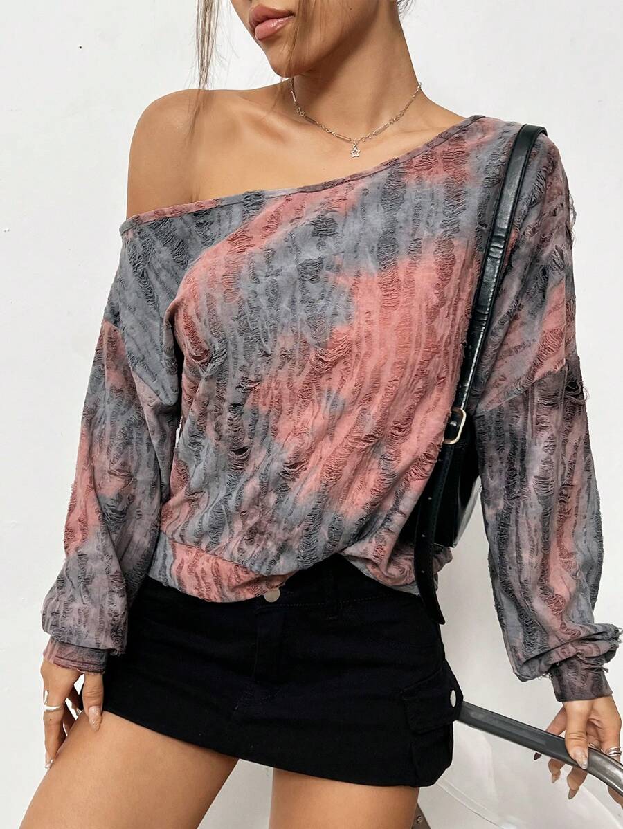 SHEIN Unity Sudadera con cuello asimétrico y hombros caídos con efecto tie-dye, sudadera de otoño - Multicolor - Ver 1