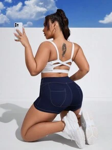 SHEIN Sports Plus Size Sports & Outdoor Yoga Shorts - Navy Blue - View 7