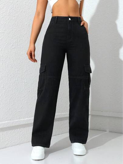 SHEIN EZwear Solid Flap Pocket Side Straight Leg Black Cargo Jeans