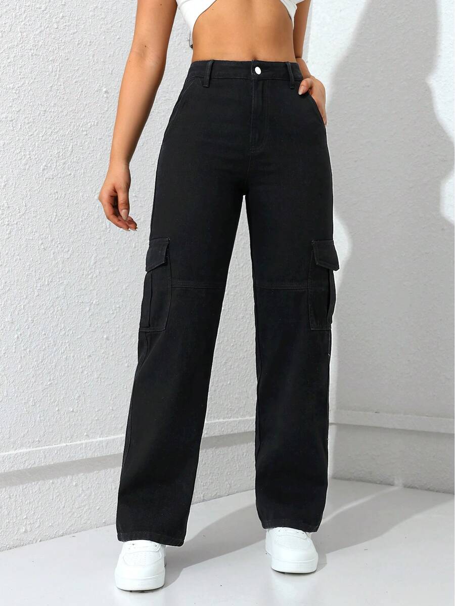 SHEIN EZwear Solid Flap Pocket Side Straight Leg Black Cargo Jeans - Black - View 1