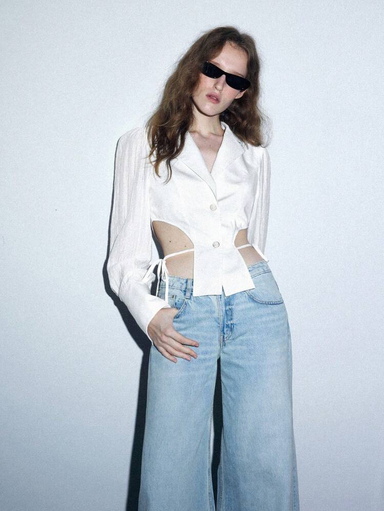 SHEIN Maija Chemise coupe courte à nœud latéral au col unicolore