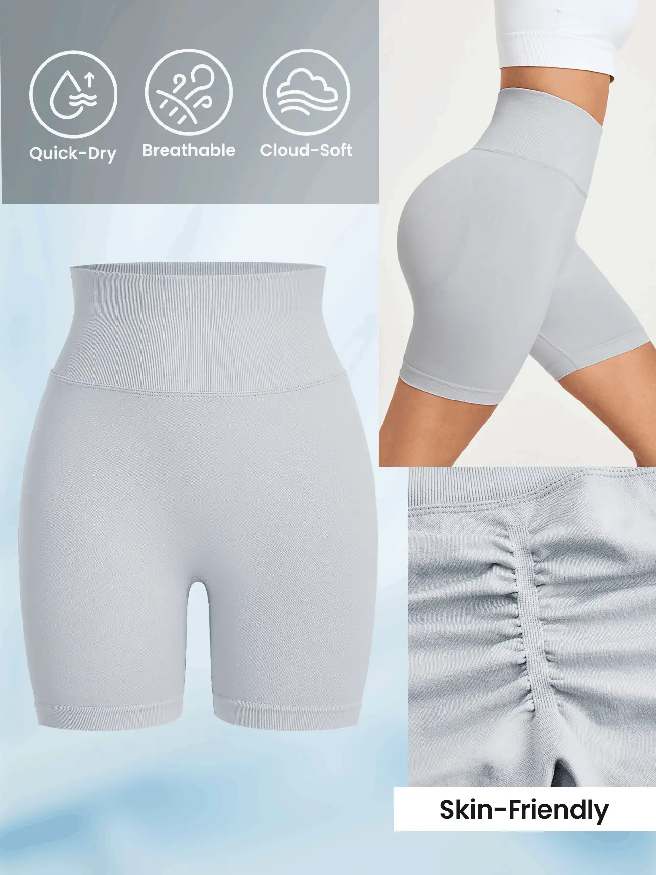 SHEIN Sports Shorts deportivos sin costuras de cintura alta y unicolor para el verano - Gris Claro - Ver 3