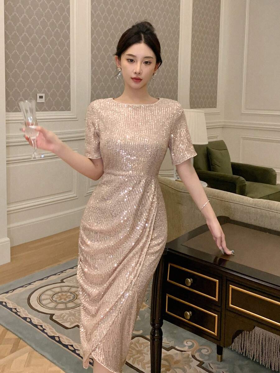 DAZY 女士优雅短袖亮片裹身连衣裙，夏季、生日、新年舞会派对礼服，女士吊带裙，返校节礼服，奢华嘉年华