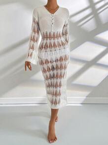 SHEIN LUNE 女士白色V領空心針織裙 - 白色 - 查看 5