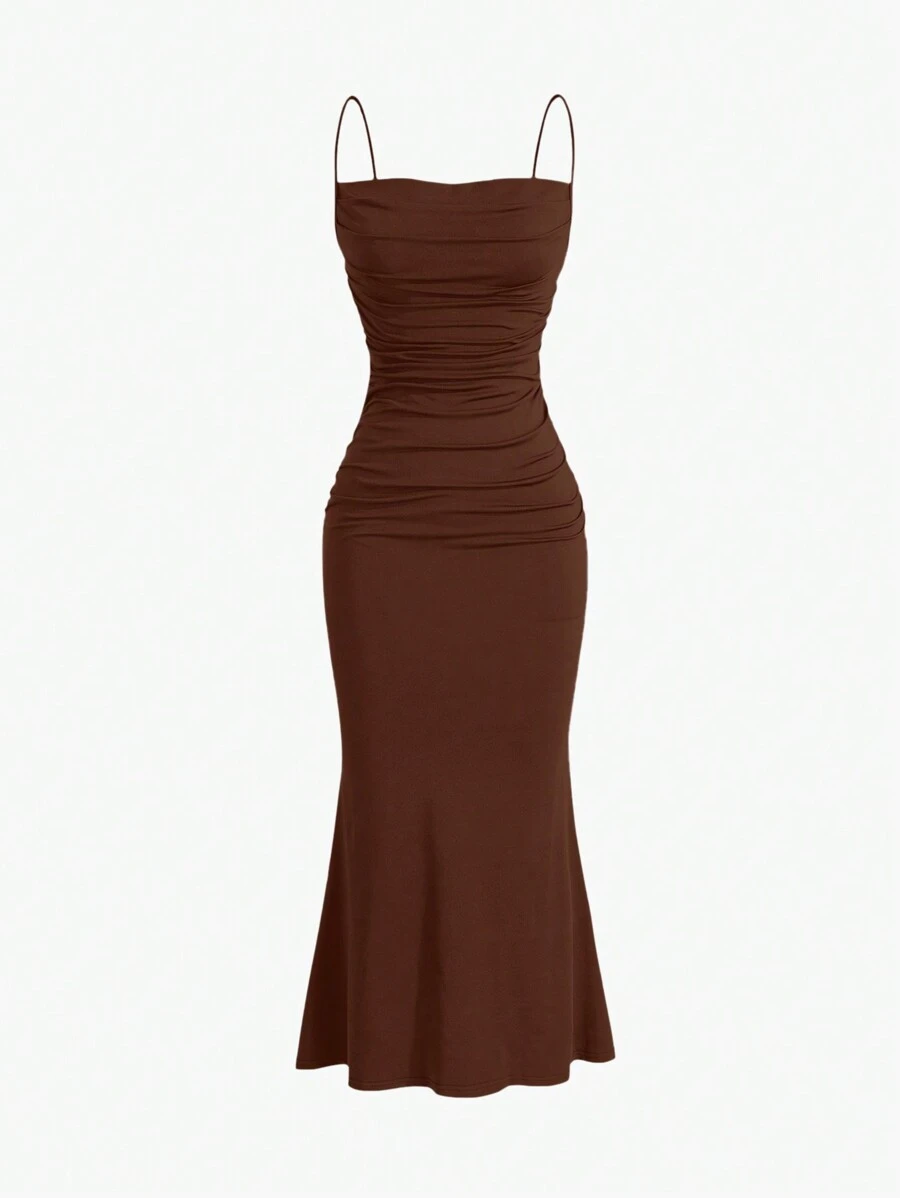 Sweetra Solid Ruched Mermaid Hem Cami Long Dress For Summer Maxi Women Outfit - Chocolate Brown - View 1