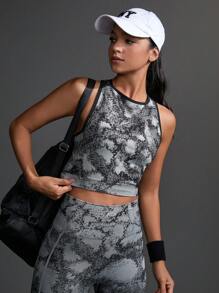 Streetz SHEIN Sport Top corto deportivo elástico de verano con cuello redondo, estampado de color teñido anudado - Negro - Ver 5