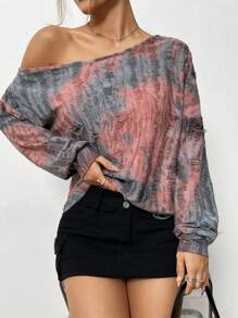 SHEIN Unity Sudadera con cuello asimétrico y hombros caídos con efecto tie-dye, sudadera de otoño - Multicolor - Ver 4