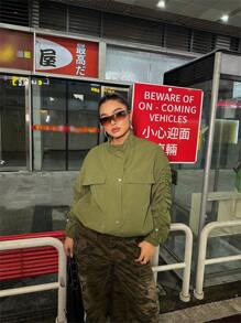 Flirla Plus Flap Pocket Ruched Sleeve Jacket - Army Green - View 5