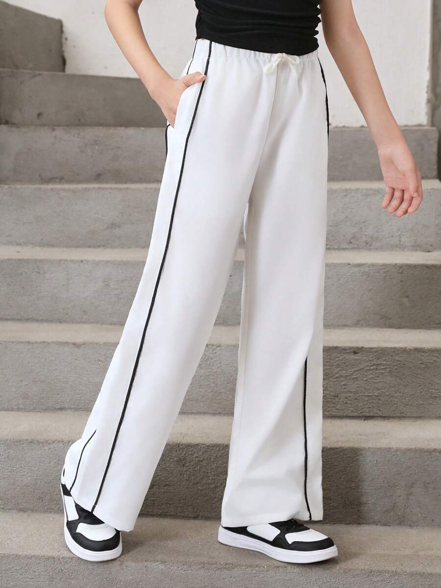SHEIN Leap Crew Tween Girls' Contrast Piping Drawstring Waist Wide Leg Cargo Pants - White - View 1