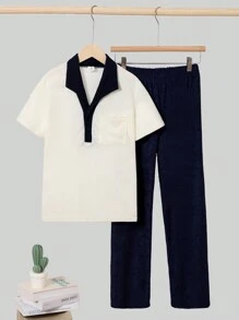 Boys' Casual Simple Plush Fabric Long Pants And Short Sleeve 2pcs Pajamas Set
