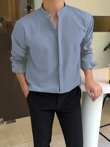 DAZY Men Solid Button Up Long Sleeve Shirt,Fall Clothes Business Attire - Baby Blue - View 4