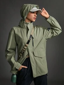 SHEIN Sports Patched Detail Zip Up Hooded Windbreaker Sports Jacket - Army Green - View 1