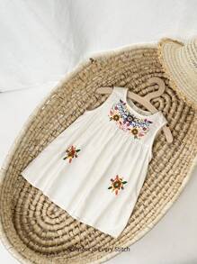 Cozy Pixies Baby Girl Sleeveless Round Neck Floral Print Dress With Cinched Waist