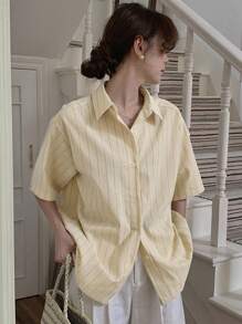 DAZY Vertical Striped Button Front Shirt Fall - Khaki - View 2