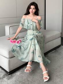 DAZY Elegant All-Over Floral Print Open Shoulder Cami Dress,Ruffle Off Shoulder Top Vacation Outfits Women Easter Maxi Dress - Green - View 5