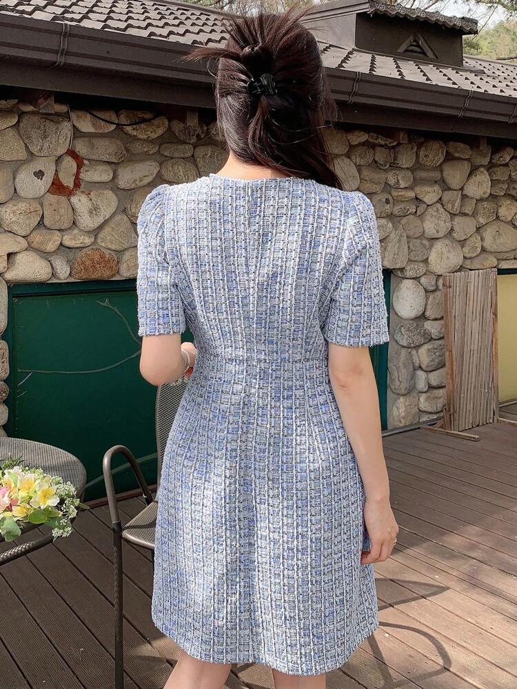 Women's Elegant Plaid Round Neck Bodycon Puff Sleeve Dress, Summer
